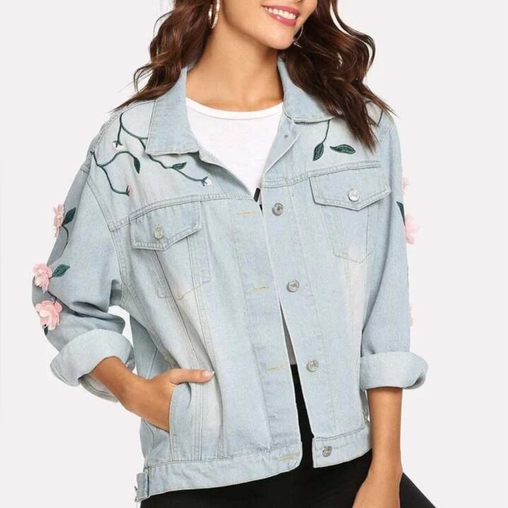 🌸Flower Appliques Denim Jacket - Picture 2 of 13